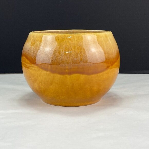 Vintage Retro Pottery Yellow Gold Drip Glaze Flower Pot Planter - Picture 1 of 11